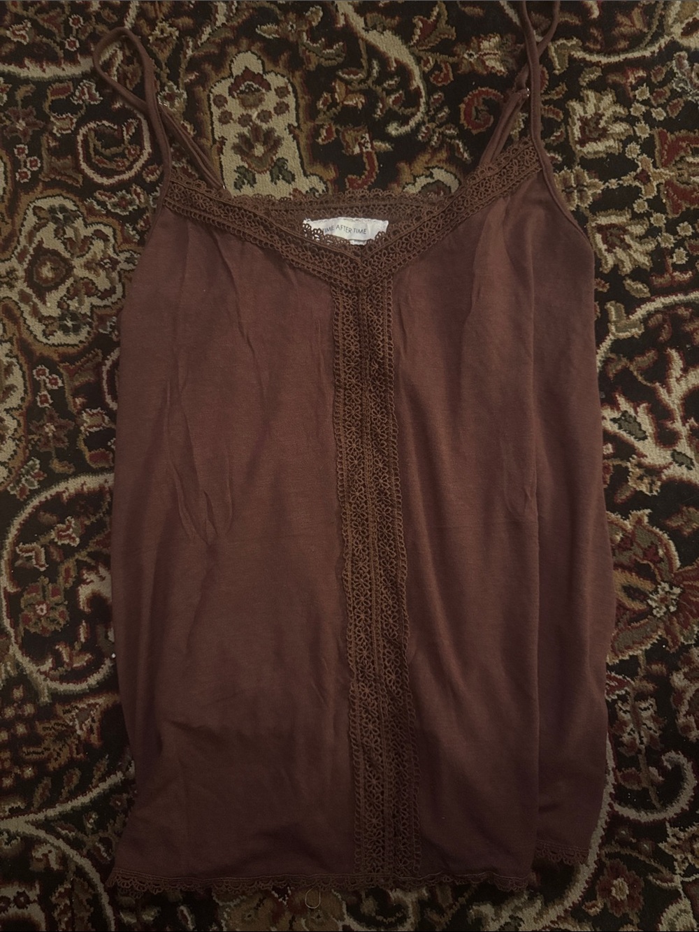 Lace-Trim Spaghetti Strap Tank Top Brown Size M